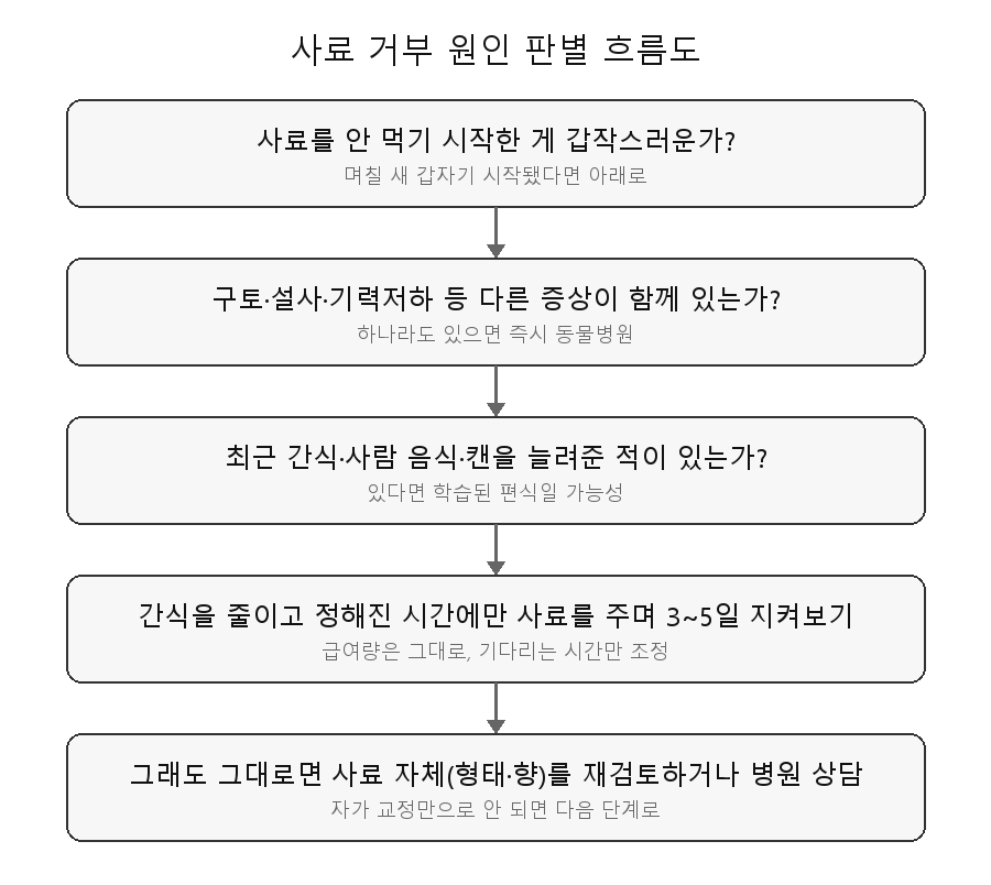 강아지 사료 거부 원인 판별 흐름도 - 갑자기 시작됐는지, 구토·설사 등 동반 증상이 있는지, 최근 간식이 늘었는지 확인해 병원 상담과 편식 교정 중 무엇을 먼저 할지 판단하는 순서