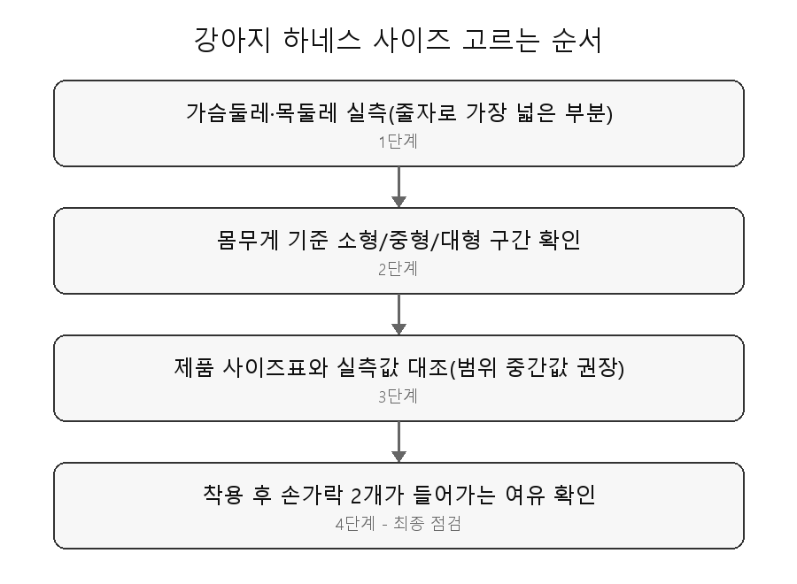 강아지 하네스 고르는 법 판단 흐름도 - 실측, 몸집 확인, 사이즈표 대조, 착용 여유 확인 순서